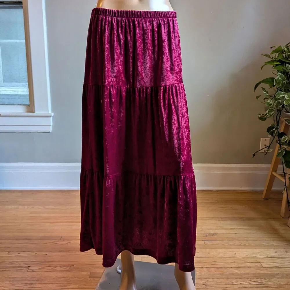 Vintage 90s Teddi Velvet Midi Skirt Tiered Prairie Whimsigoth Autumn Size M